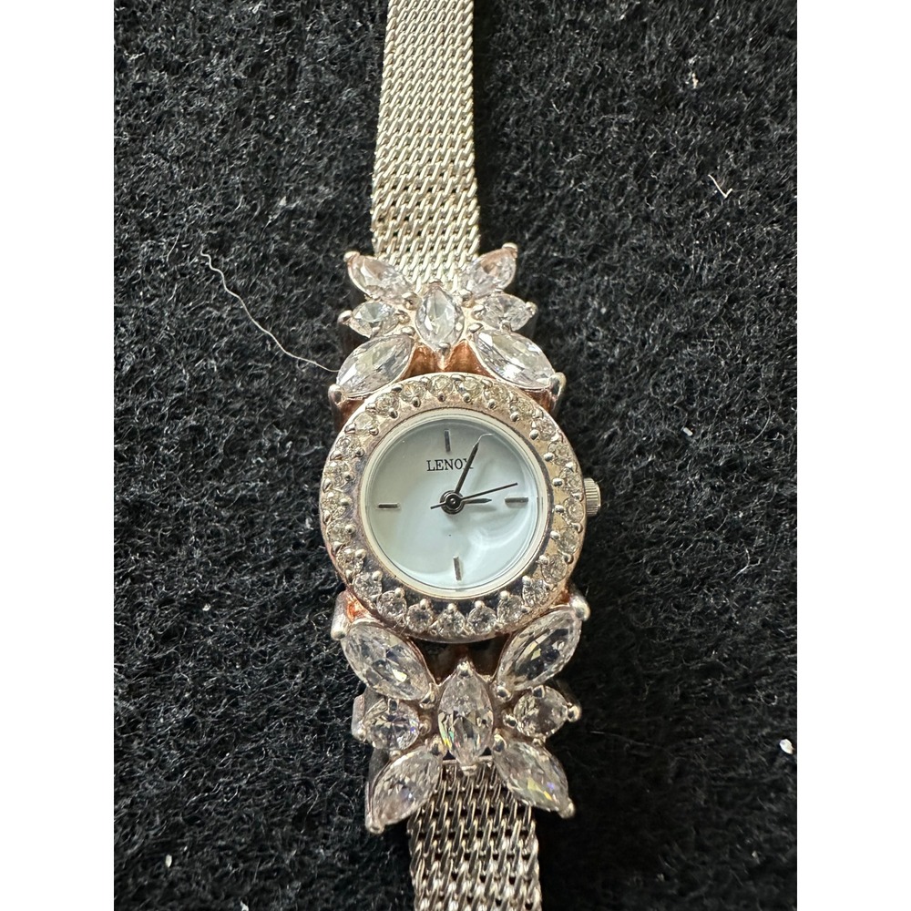 Lenox Womens Silver Tone Mesh Band Crystal Floral Cocktail Watch Japan QuartzEUC